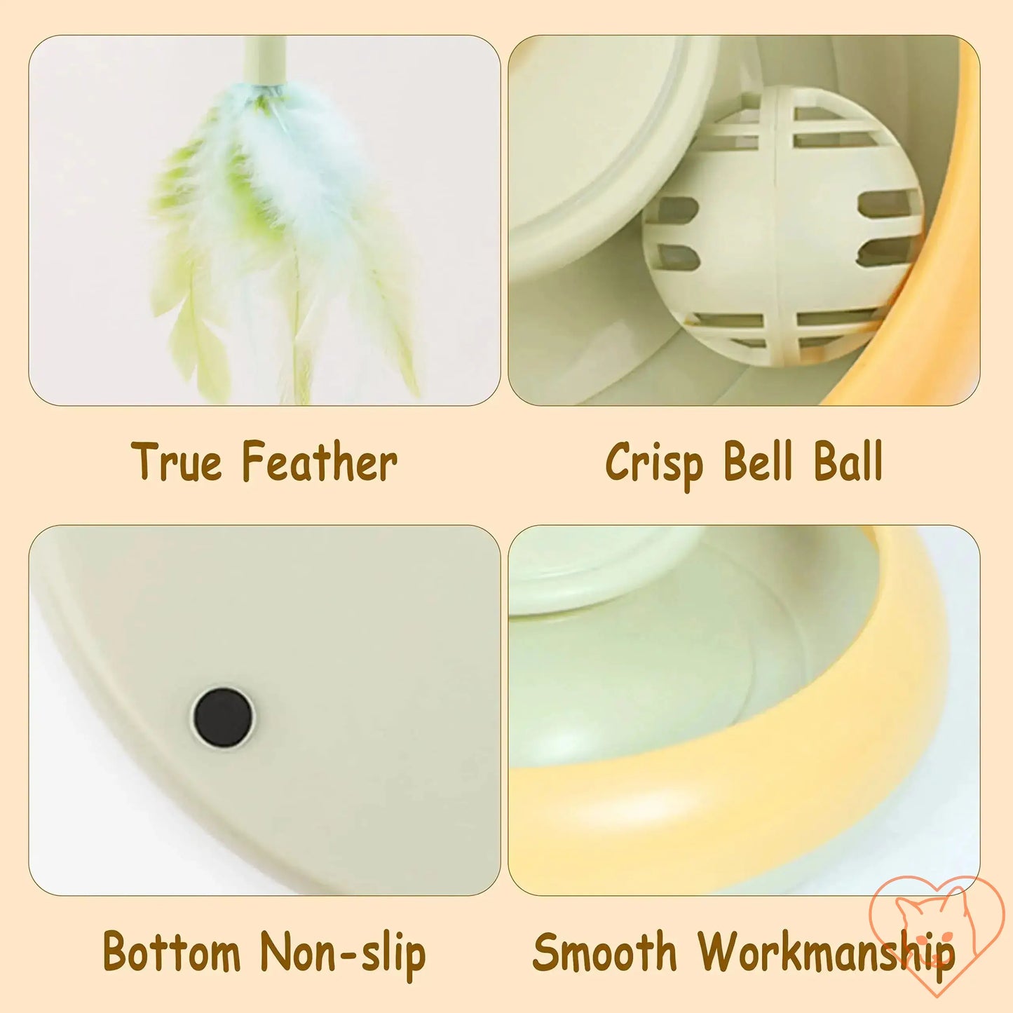 Close-up of features: true feather, bell ball, non-slip bottom, and smooth craftsmanship of the cat toy.