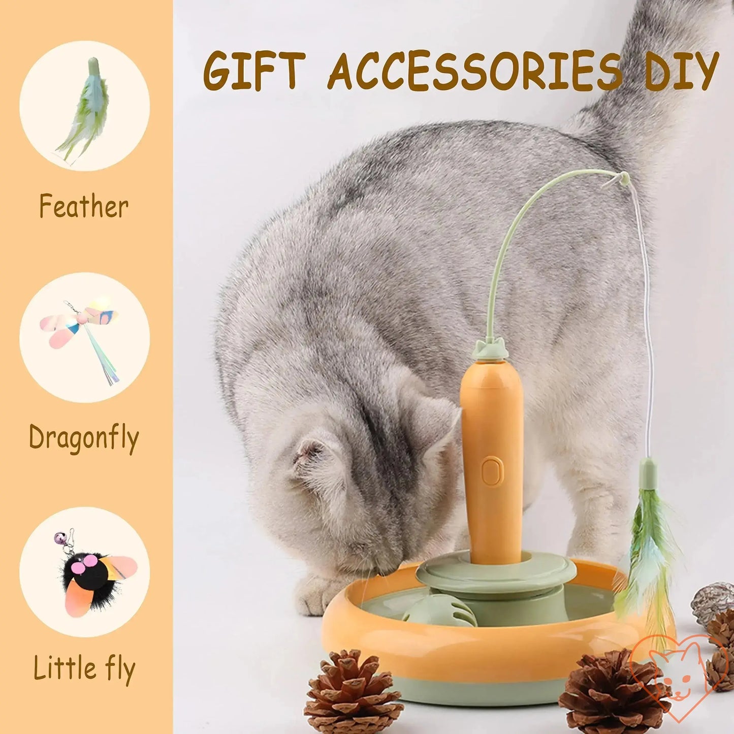 Cat interacting with 360° Rotating Interactive Feather Toy, featuring detachable feather accessories for endless play.