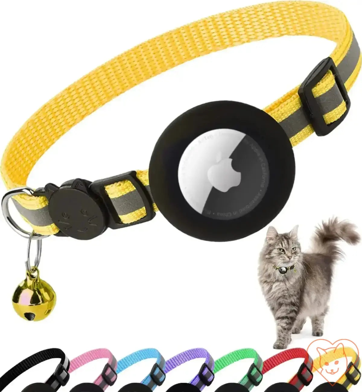 Airtag Cat Collar in yellow with reflective stripes, adjustable, breakaway buckle, and AirTag holder.