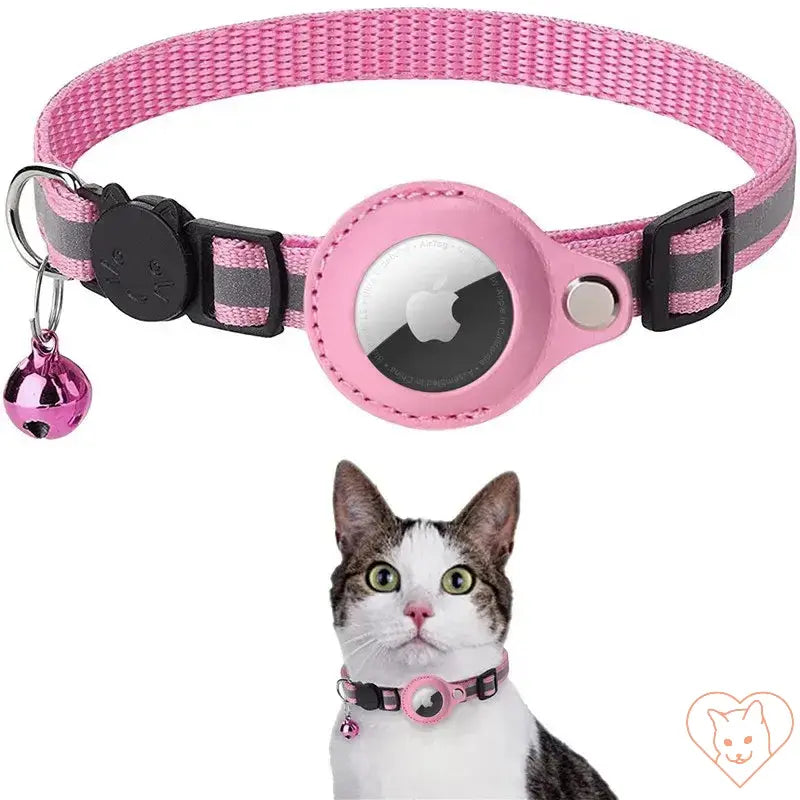 Pink Cat AirTag Holder Collar with bell, adjustable fit, breakaway design for safety and reflective strips for visibility.