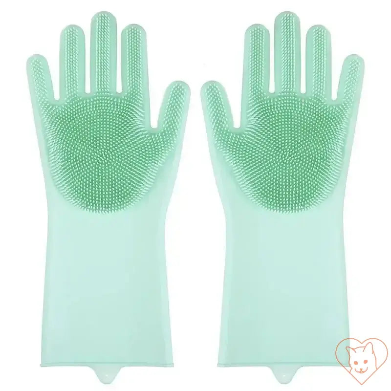 Cat grooming gloves in mint green, featuring soft silicone tips for gentle cleaning and de-shedding.