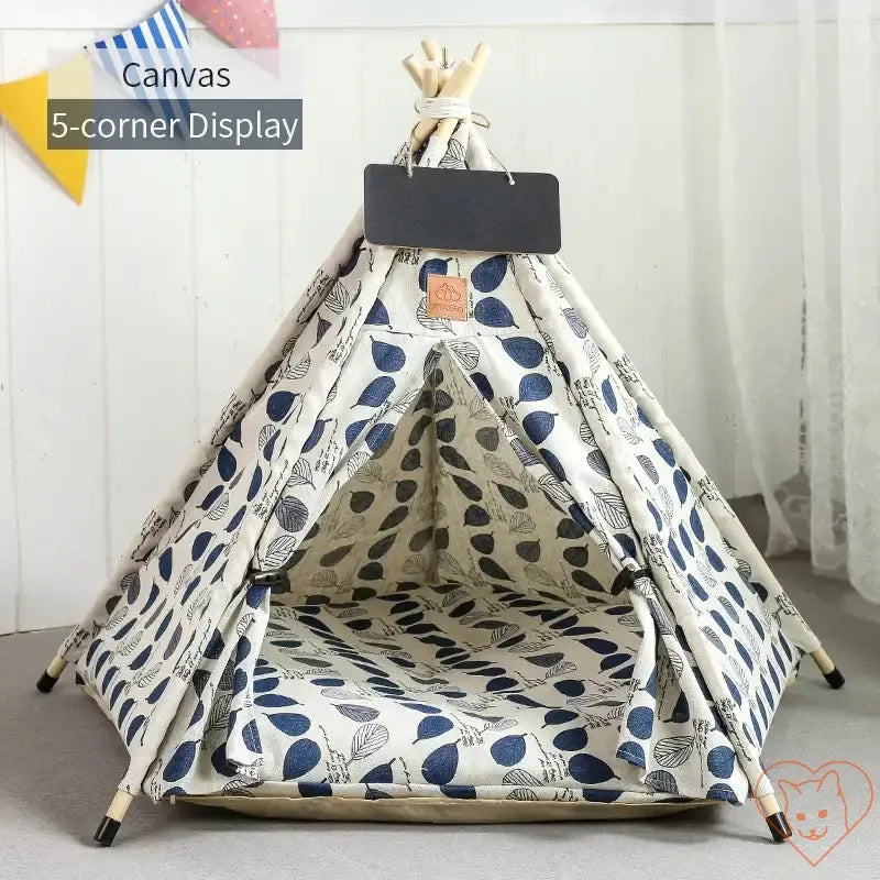 Cat Teepee Tent in a stylish canvas design with leaf patterns, providing a cozy retreat for cats.