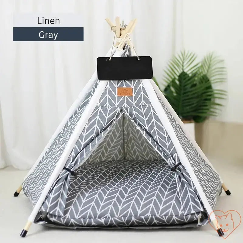 Cozy gray Cat Teepee Tent with stylish linen design, perfect hideaway for cats to relax and play.