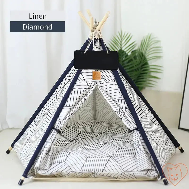 Stylish Cat Teepee Tent in Linen Diamond pattern, featuring wooden poles and a cozy interior for feline relaxation.
