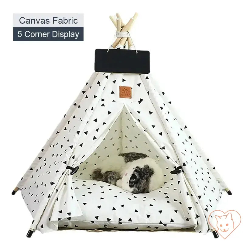 Cozy cat teepee tent with plush cushion, stylish canvas fabric, and wooden poles, providing a secure hideaway for cats.