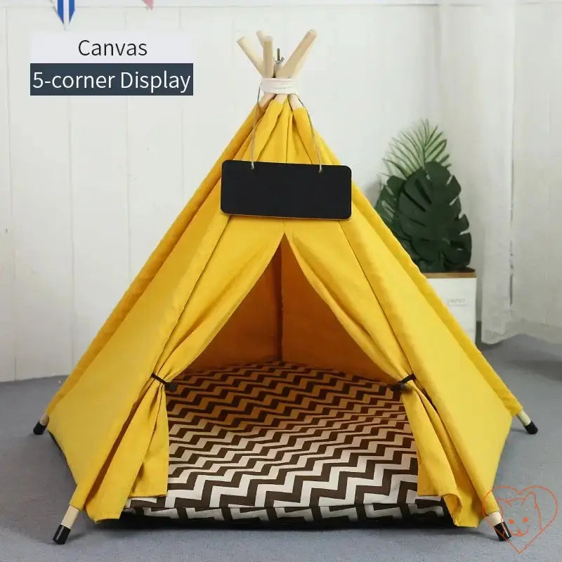 Cozy yellow cat teepee tent with a plush cushion and chevron pattern, perfect for feline relaxation.