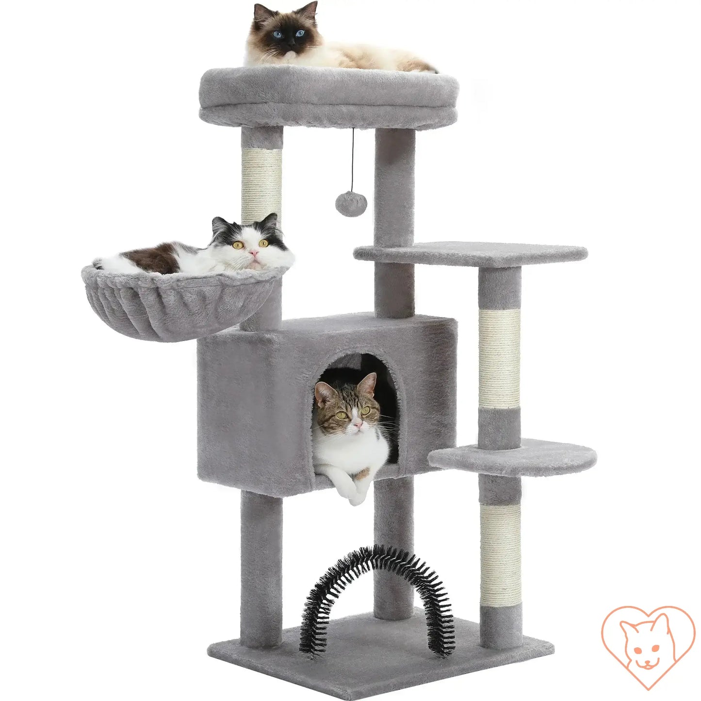 Three cats lounging on a multi-level gray cat tree with plush perch, hammock, and scratching posts.