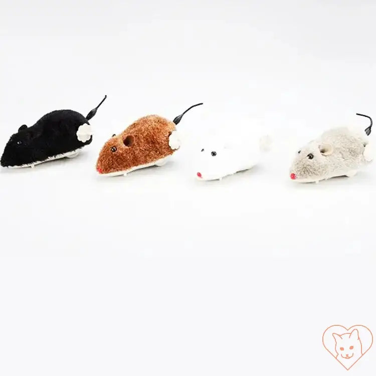 Four colorful plush clockwork mice cat toys in black, brown, white, and gray, designed for interactive cat play.