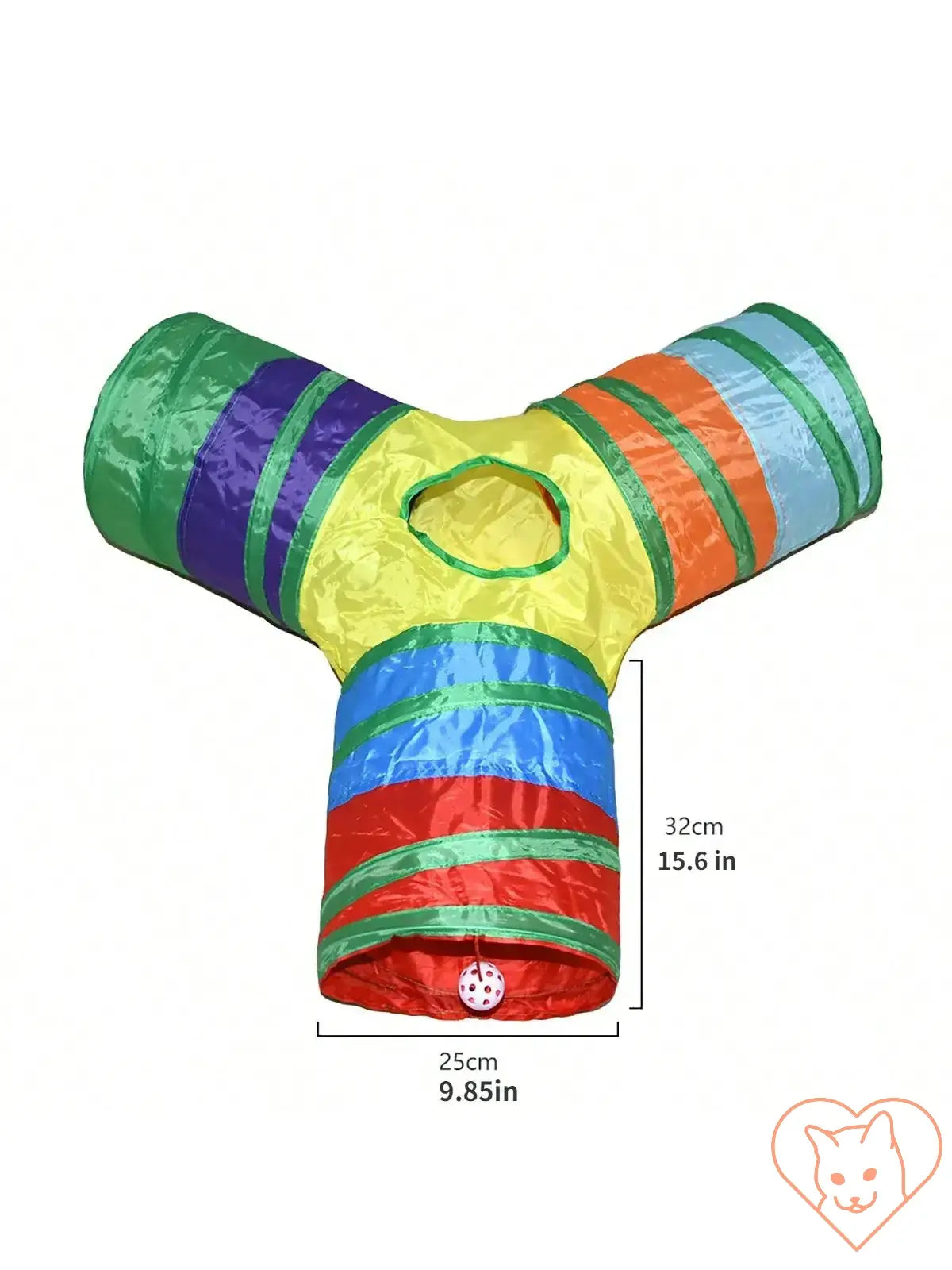 Colorful collapsible cat tunnel with three openings, ideal for indoor and outdoor play, showing dimensions and vibrant stripes.