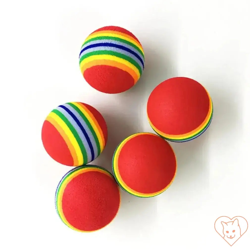 Colorful rainbow cat fetch balls in red and yellow, perfect for indoor play and teething relief for cats.