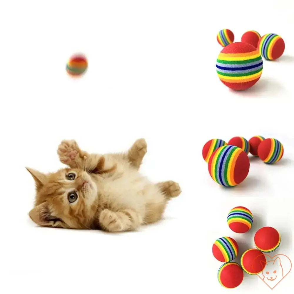 Colorful rainbow cat fetch ball and playful kitten, showcasing interactive EVA teething toy for fun playtime.