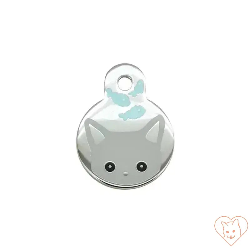 Engraved custom cat ID tag in stainless steel with cat design and fish pattern, perfect for pet identification.