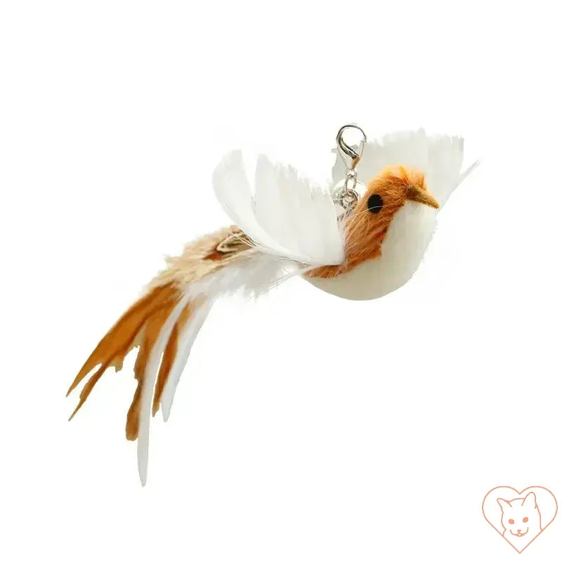 Feathered bird toy charm, perfect for pet accessories or whimsical decor, with orange and white colorful design.