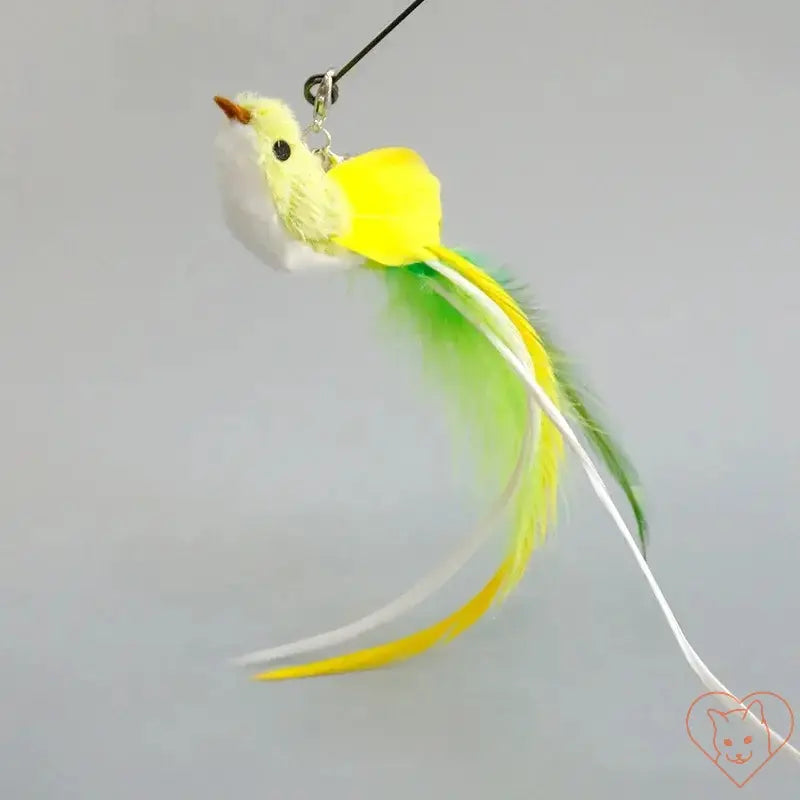 Colorful feathered bird toy for cats, designed for interactive play with hands-free wand.