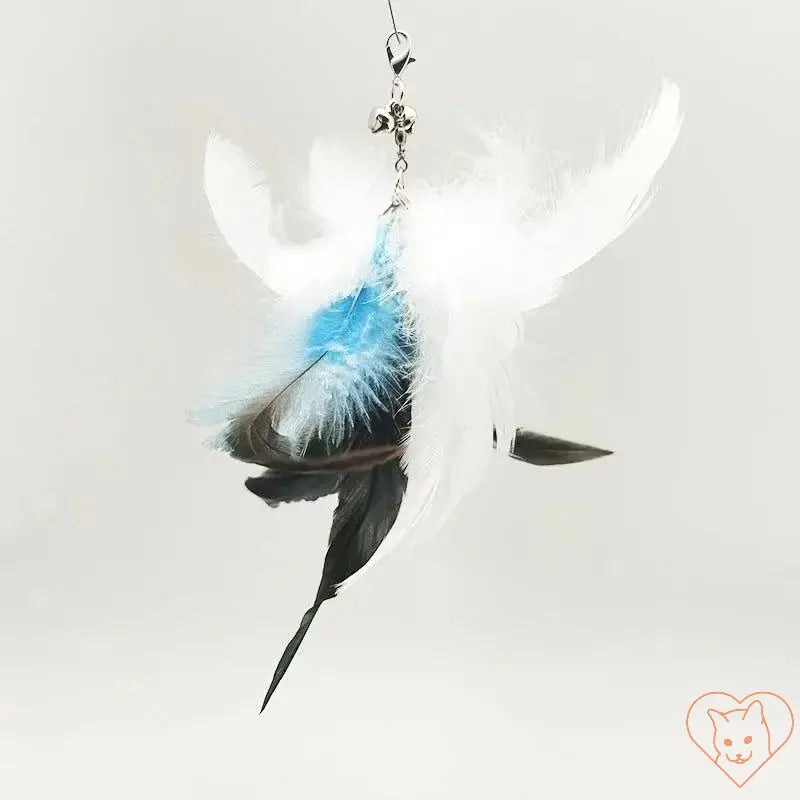 Colorful feathers of a hands-free cat wand, featuring blue and white designs for interactive playtime fun.