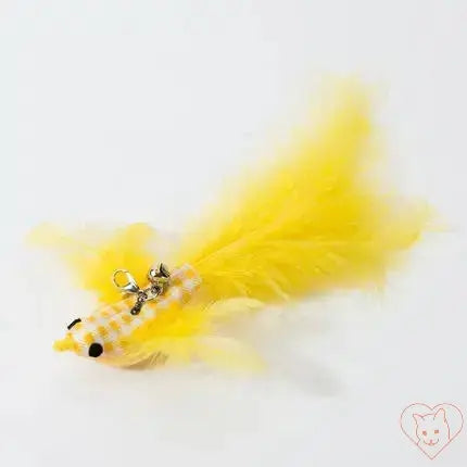 Bright yellow feather cat toy featuring a cute design, perfect for engaging playful cats during interactive playtime.