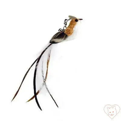 Interactive cat feather toy wand with bird design and long, colorful feather tail for engaging playtime.