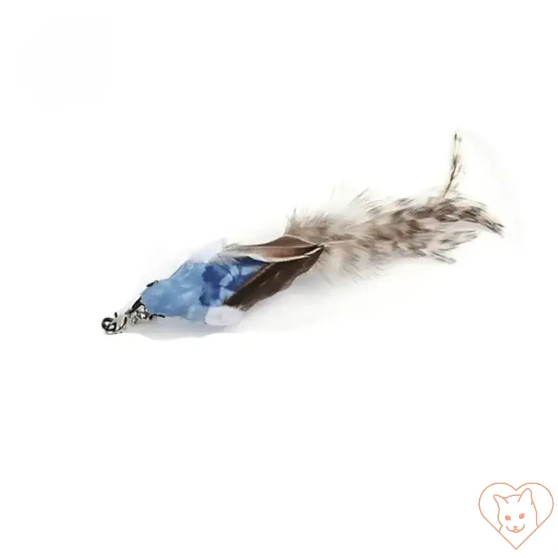 Feather attachment for hands-free cat wand in blue and brown, designed to engage and entertain pets.