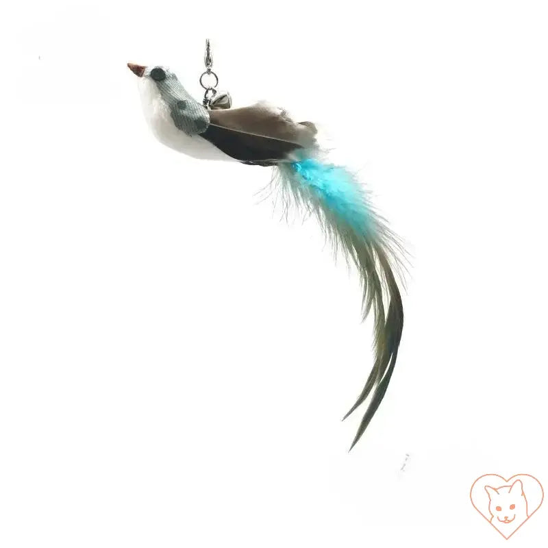 Colorful feather bird toy for cats, featuring a playful design with blue and brown accents. Suitable for interactive play.