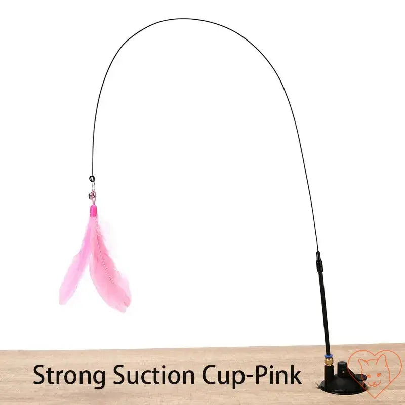Interactive feather cat wand featuring a strong suction cup and pink feathers for engaging playtime.