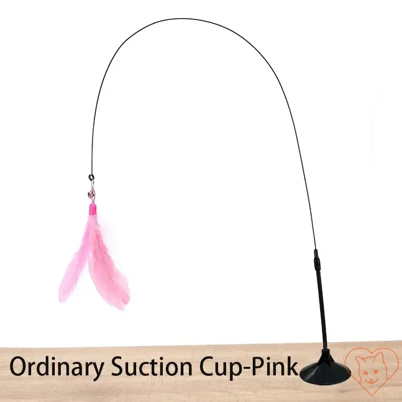 Interactive feather cat wand featuring a pink feather and sturdy suction cup base, designed for playful feline interaction.