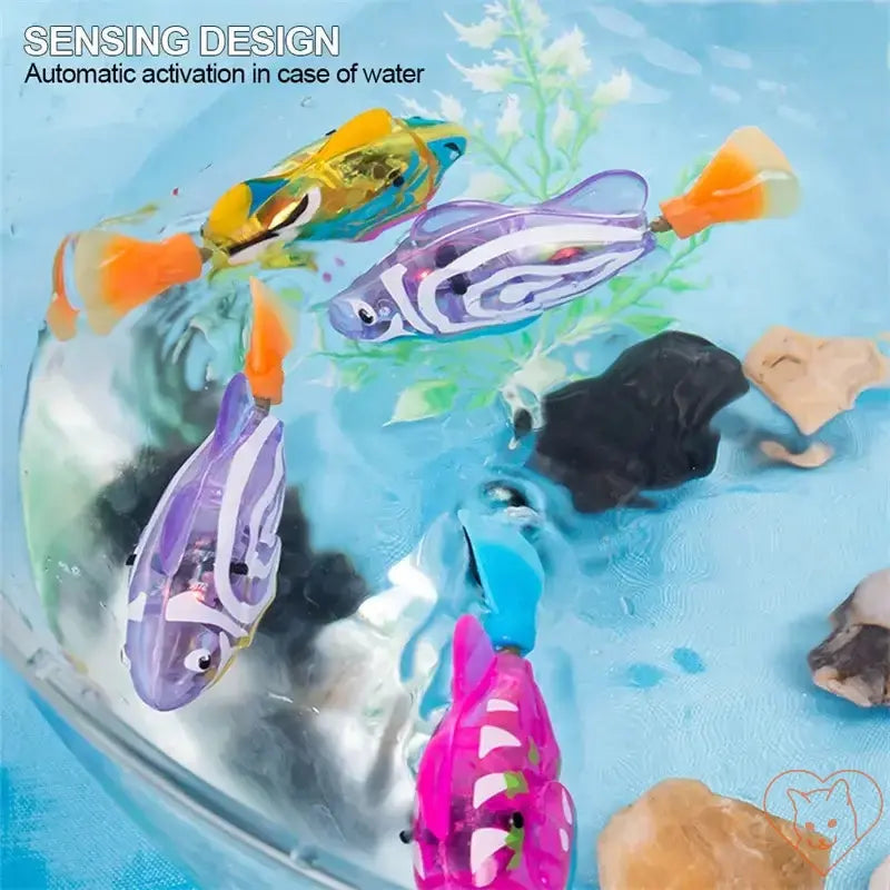 Interactive LED Robo Fish Cat Toy swimming in water, featuring vibrant colors and automatic activation design.