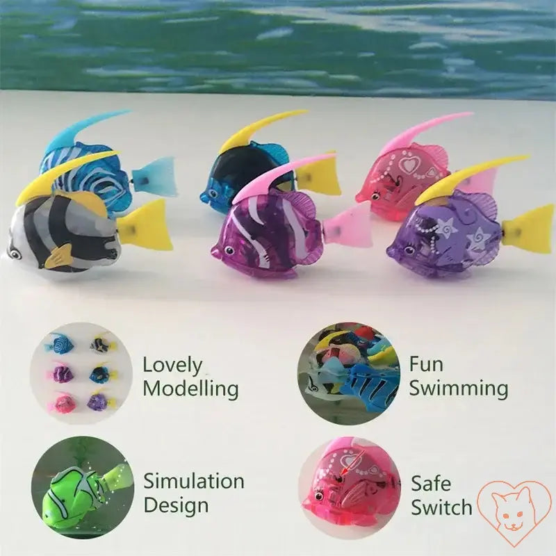 Interactive LED Robo Fish toys in various colors, featuring fun swimming action for cats, with safe switch and simulation design.