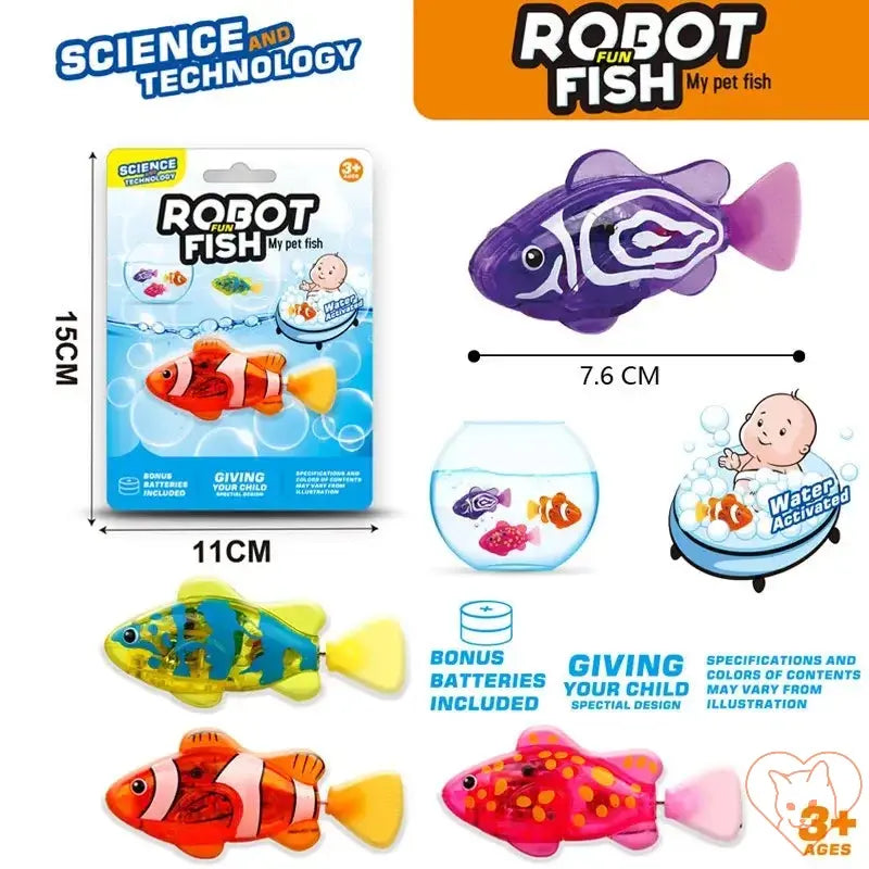 Interactive LED Robo Fish Cat Toy with vibrant colors and packaging information for pet entertainment.