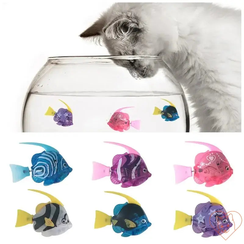 Interactive LED Robo Fish Cat Toy with vibrant colors swimming in a bowl while a curious cat watches.