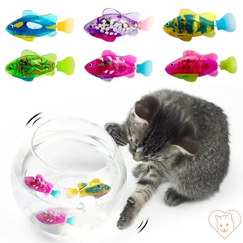 Interactive LED Robo Fish Cat Toy with colorful robotic fish and a curious cat playing in a fishbowl.