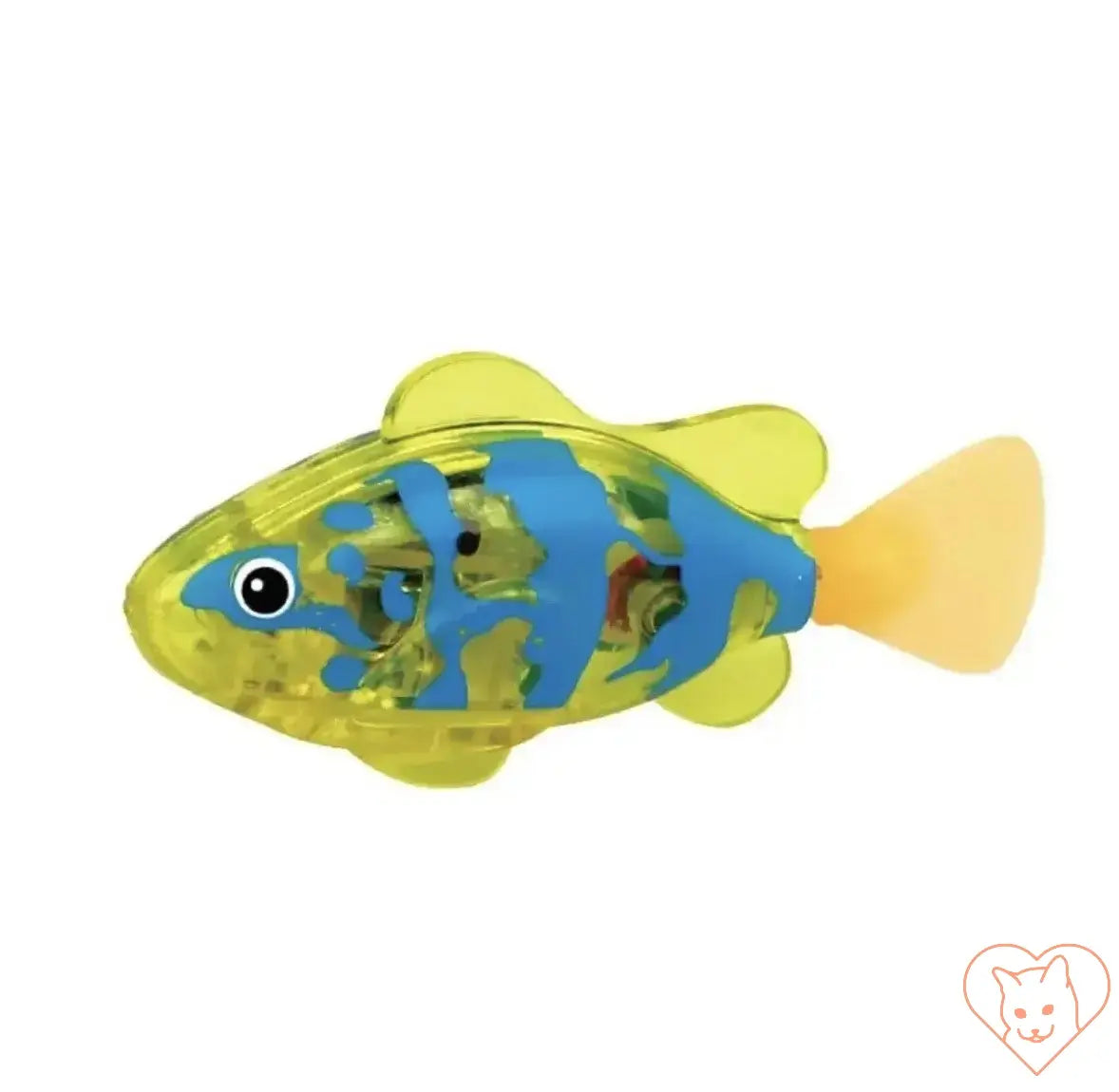 Interactive LED Robo Fish Cat Toy in vibrant yellow and blue, designed for cat entertainment and play.