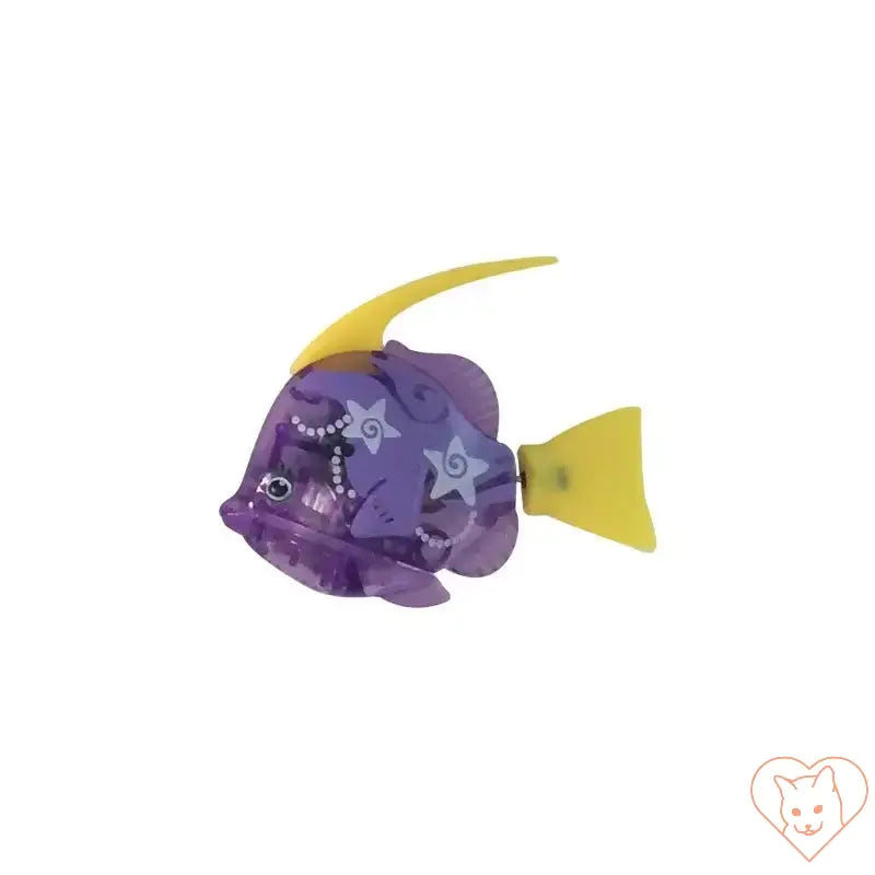 Interactive LED Robo Fish cat toy in purple with yellow fins designed to entertain pets during playtime.