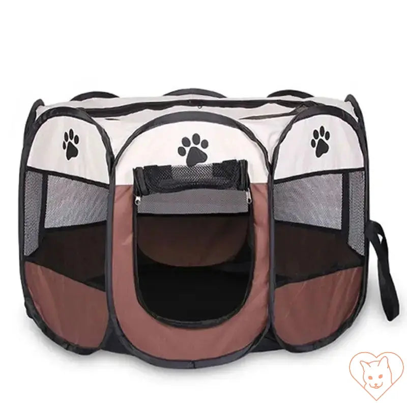 Portable foldable pet tent for cats and dogs, featuring an octagonal design and mesh ventilation.