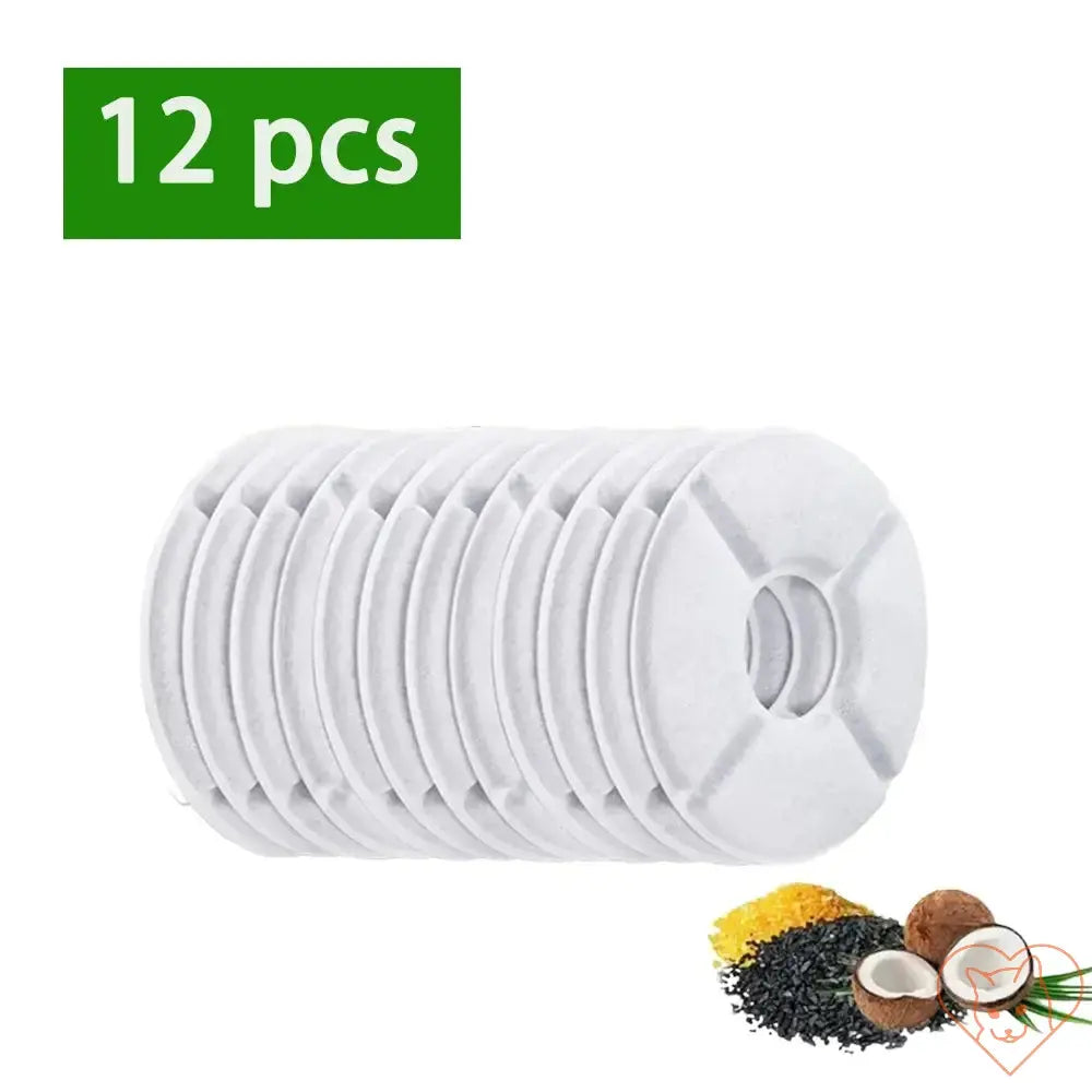 12 pack of activated carbon replacement filters for cat water fountains, ensuring clean and fresh water for pets.
