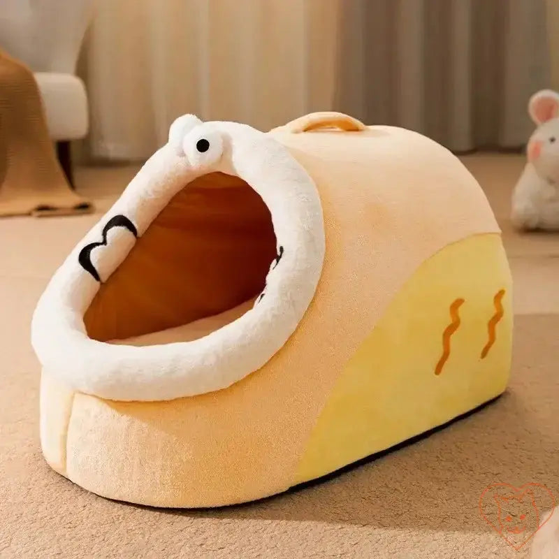 Cozy semi-enclosed plush cat bed in soft yellow, perfect for autumn and winter comfort for cats.