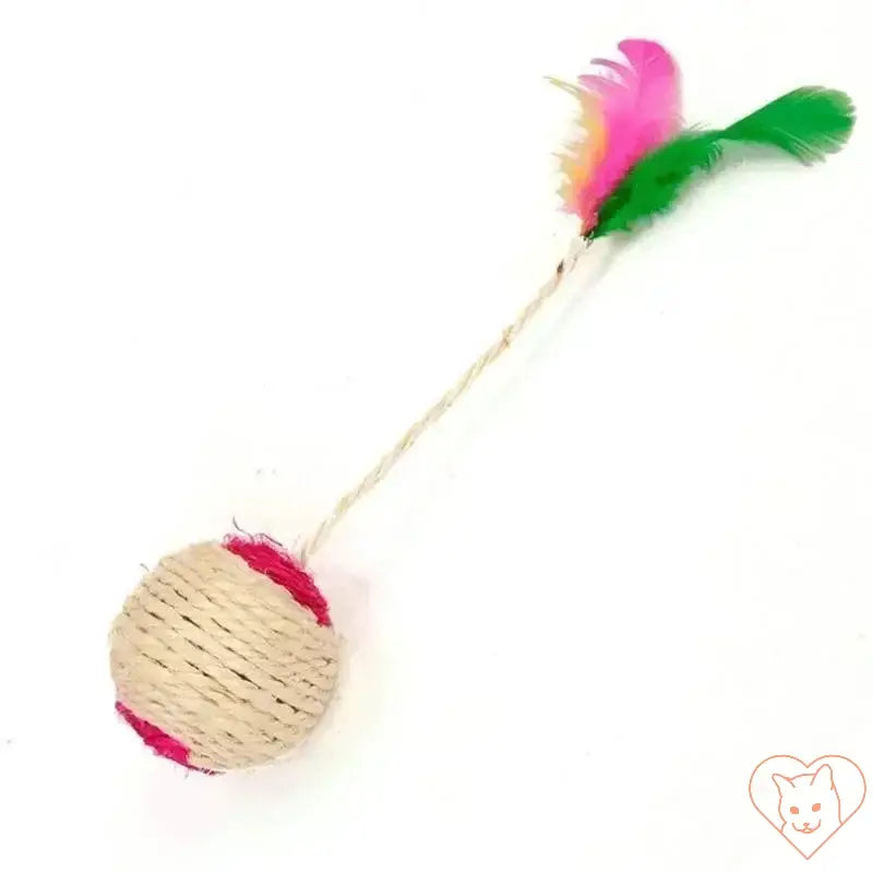 Sisal cat scratching ball with feathers, interactive training toy for healthy scratching and play.
