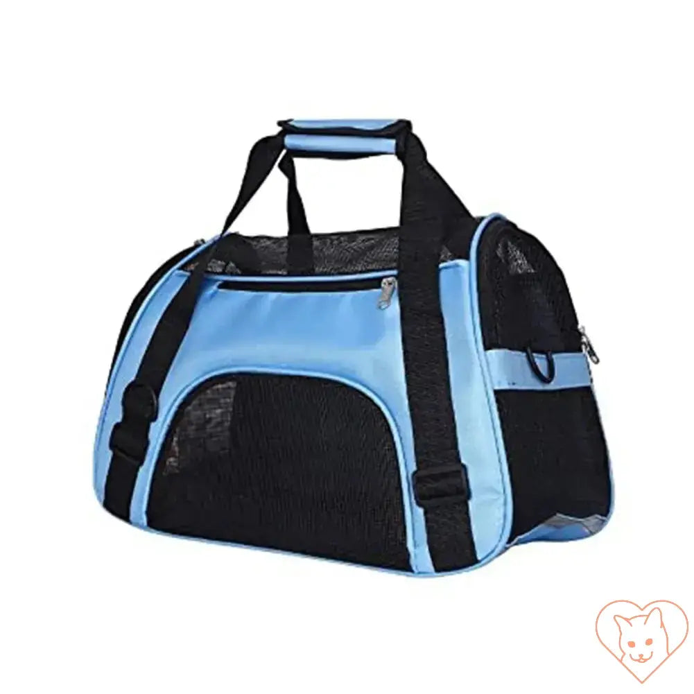 Lightweight soft-sided cat carrier in blue, perfect for travel with pets, durable and foldable design.
