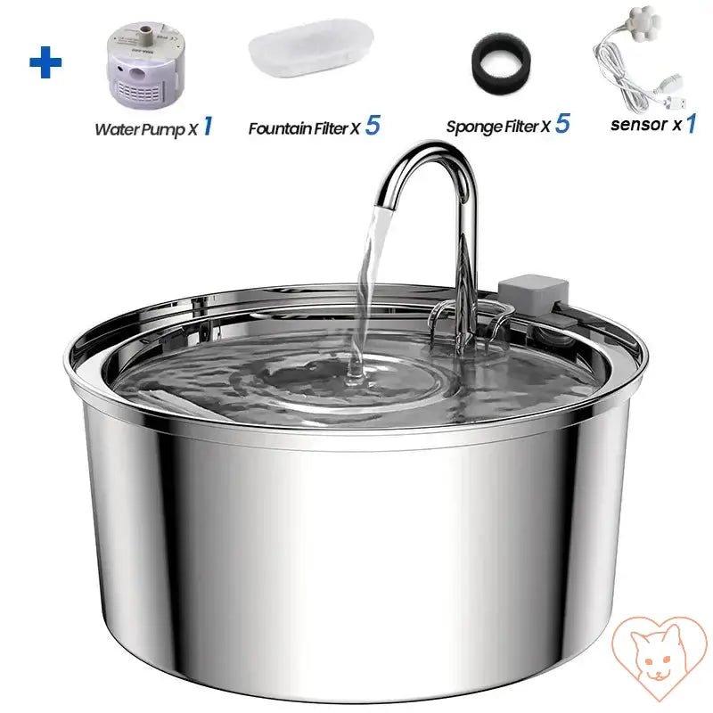 Stainless Steel Cat Water Fountain with accessories: water pump, filters, sponge filter, and sensor for cleaner pet hydration.
