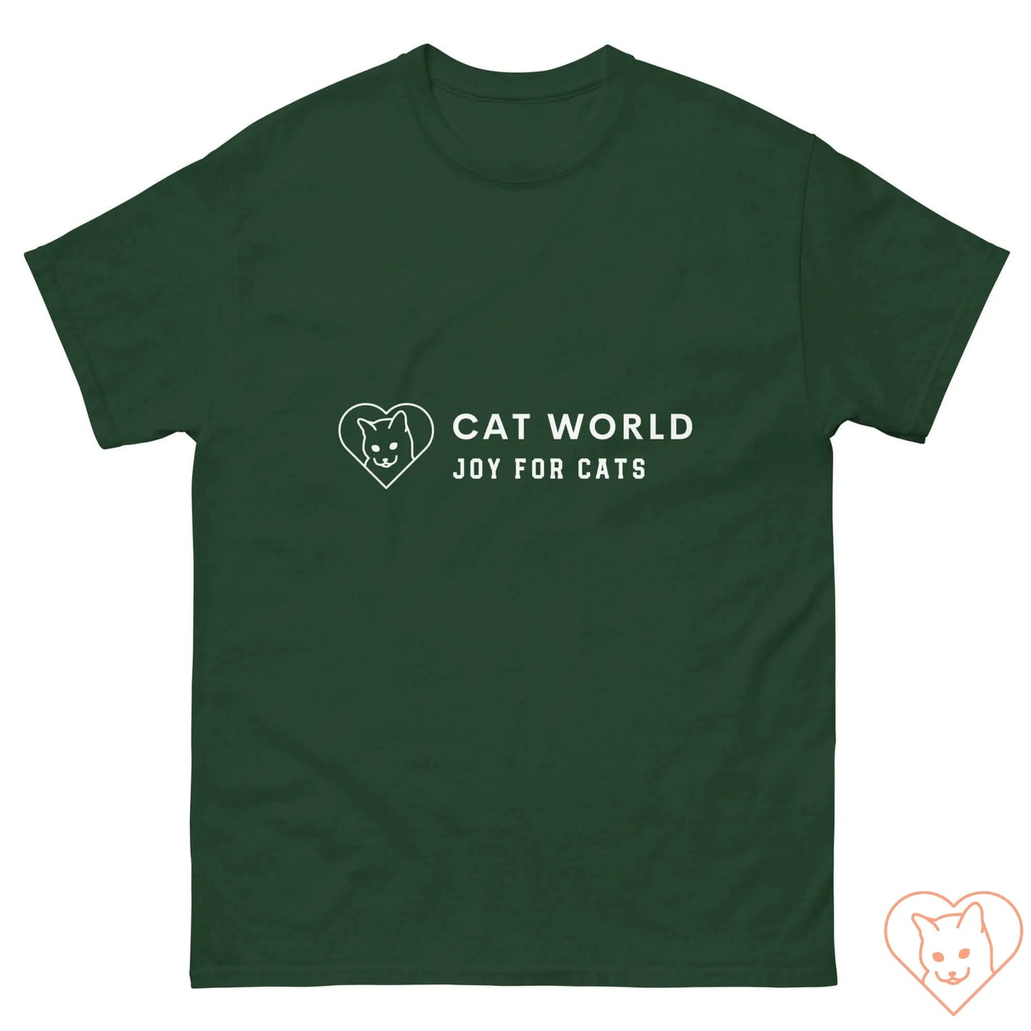 Unisex Classic Tee in dark green featuring Cat World logo and "Joy for Cats" slogan, perfect for cat lovers.