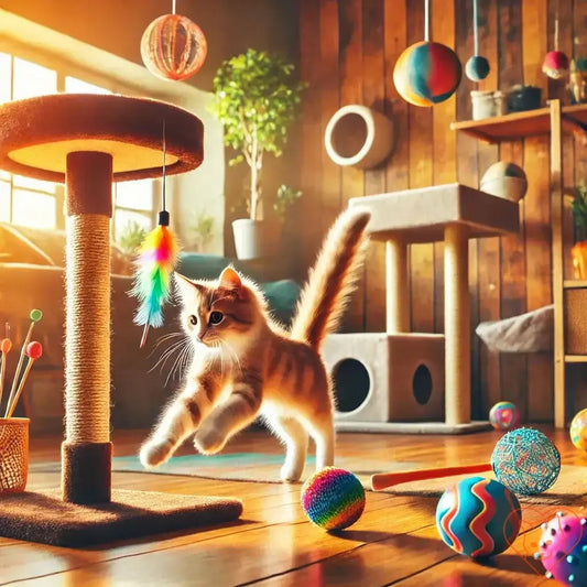 Playful tabby cat jumping near colorful toys in a cozy indoor space, promoting active feline lifestyle.