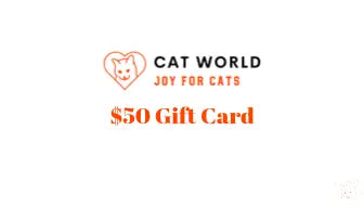 Cat World $50 gift card featuring logo and joy for cats message, perfect for cat lovers.