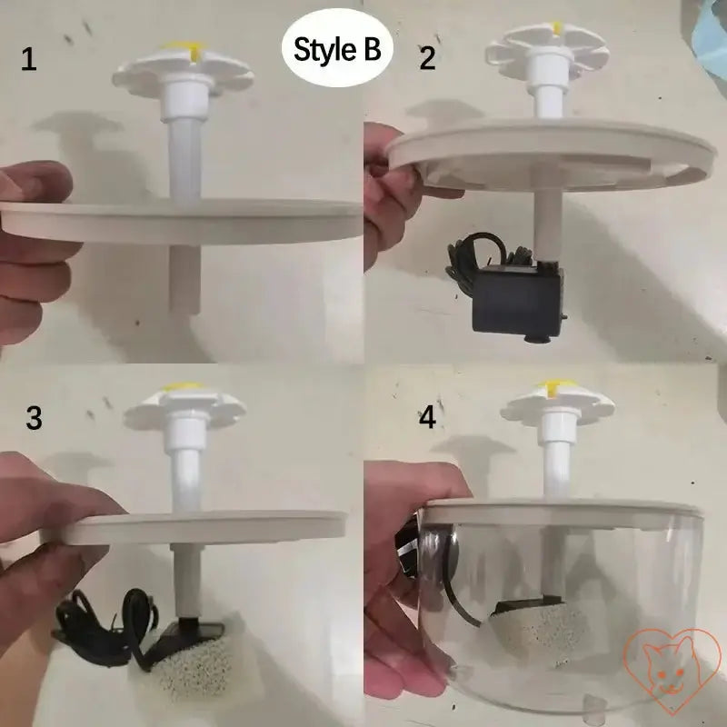 Illustration of 1.2L Automatic Cat Water Fountain assembly steps showing parts and installation process.