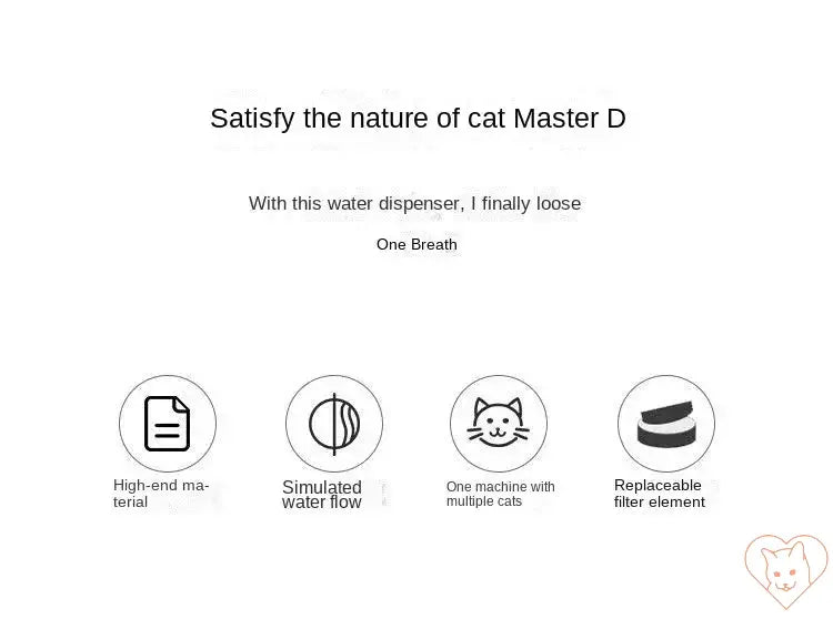 Infographic for automatic cat water dispenser highlighting features like high-end material and replaceable filters.