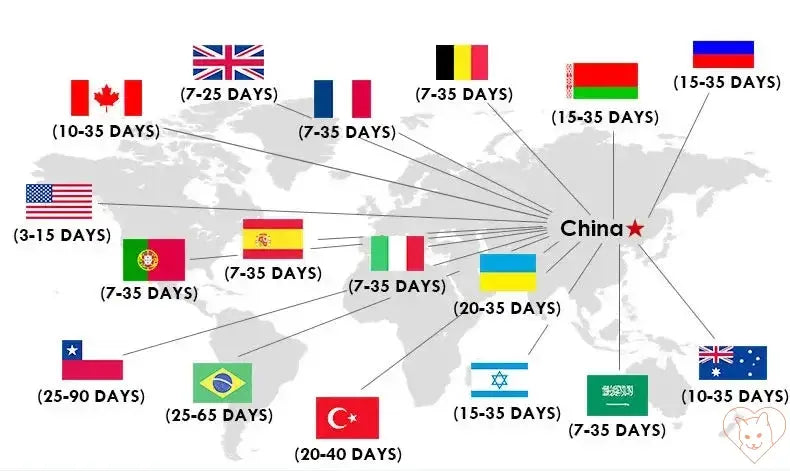 World map showing shipping times from China to various countries with corresponding flags and duration estimates.