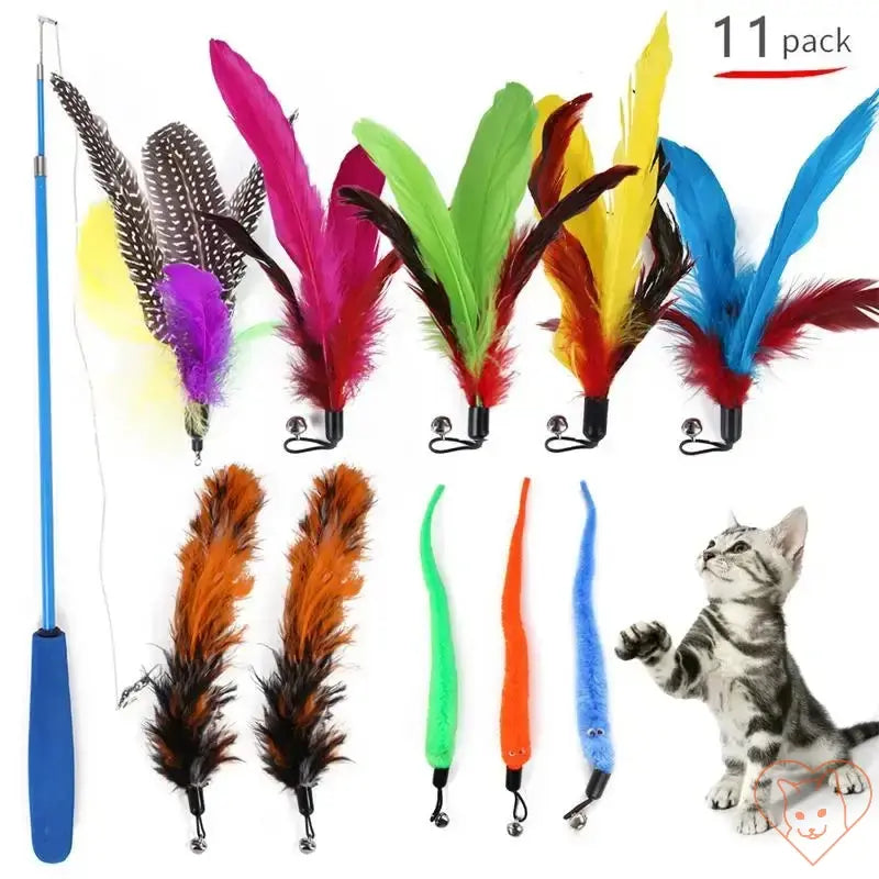 11pcs Cat Feather Toy Set with colorful replacement heads and retractable stick for interactive play.