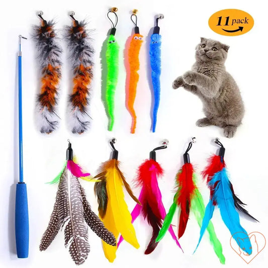 11pcs Cat Feather Toy Set with colorful replacement heads and retractable stick, perfect for feline entertainment.