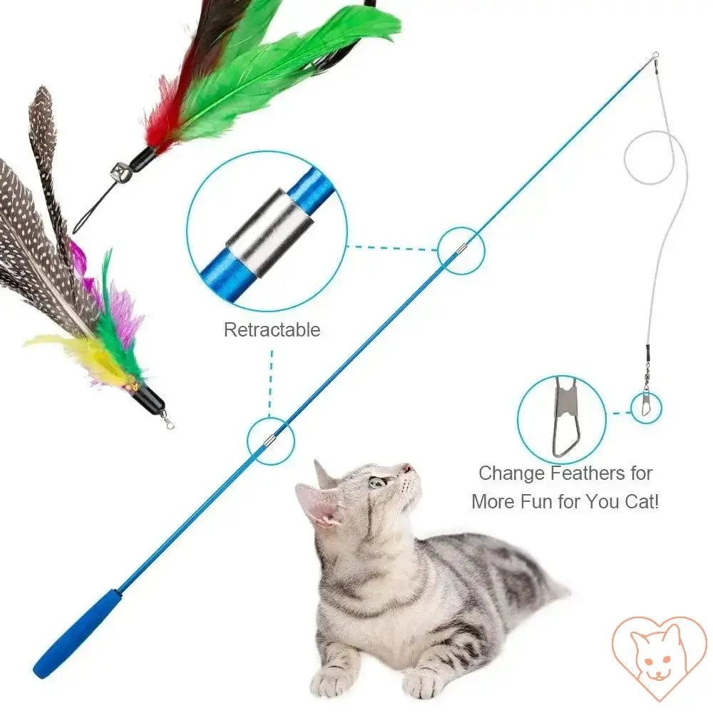 11pcs cat feather toy set with retractable stick and colorful feathers for interactive play.