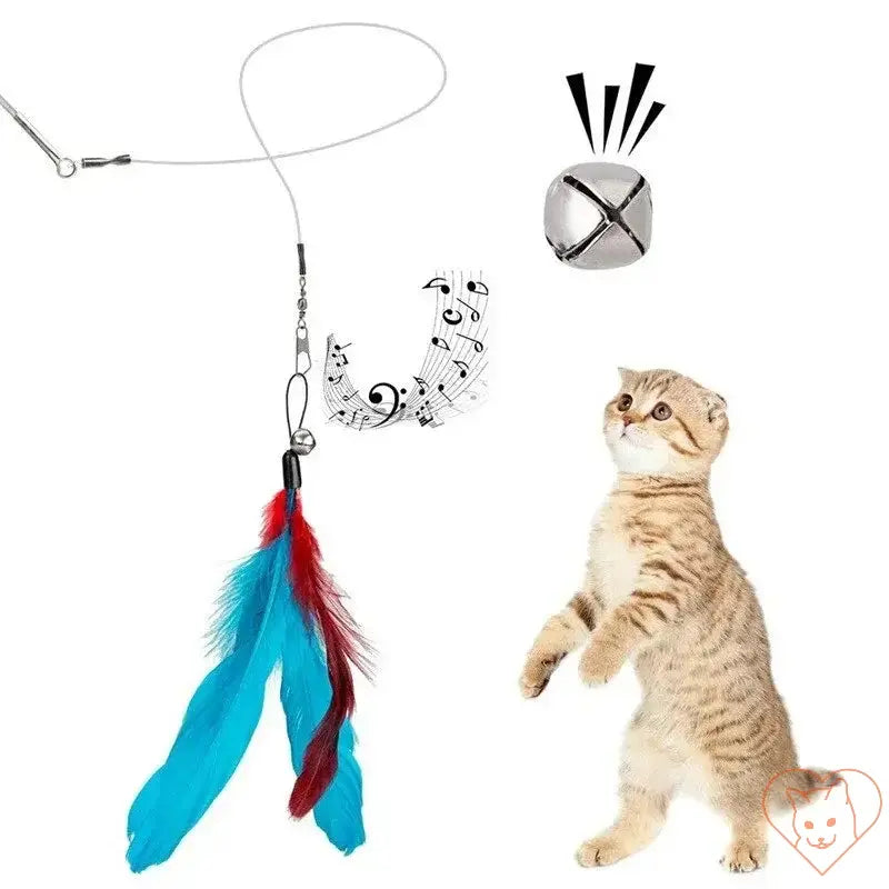 Interactive cat toy featuring colorful feather attachment and bell for playful engagement and exercise.