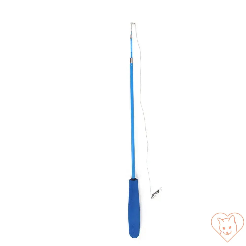 Retractable cat toy stick with blue handle and attachment for feather replacement heads