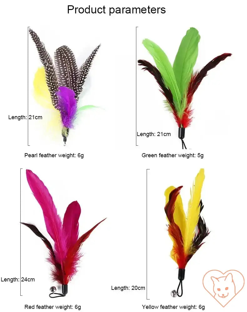 Colorful feather replacement heads for cat toys, featuring various lengths and vibrant colors. Perfect for interactive play.